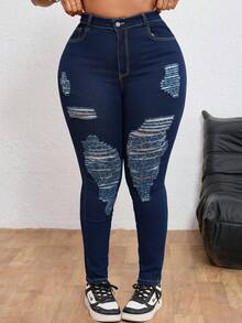 SHEIN ICON 大码女式破洞牛仔裤 - 深色水洗藍 - 查看 1