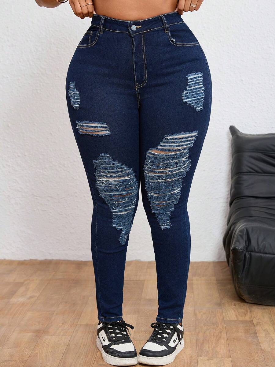 SHEIN ICON 大码女式破洞牛仔裤 - 深色水洗藍 - 查看 1