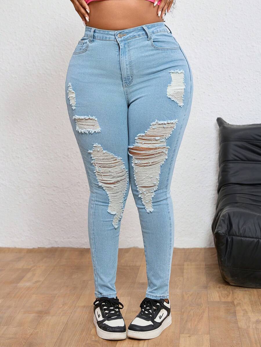 SHEIN ICON 大码女式破洞牛仔裤,女式黑色牛仔裤 - 淺色水洗藍 - 查看 1