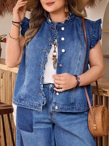 EMERY ROSE Plus Size Women Casual Loose Comfortable Mid-Blue Denim Sleeveless Jacket - Medium Wash - View 4