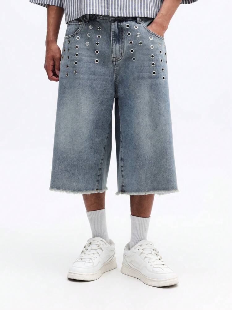 Wide Leg Denim Shorts With Metal Eyelets
