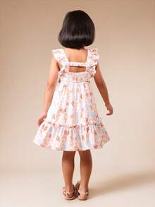 SUMWON 女童荷叶边袖印花高腰层叠中长连衣裙，方领，飘逸袖子 - 彩色 - 查看 2