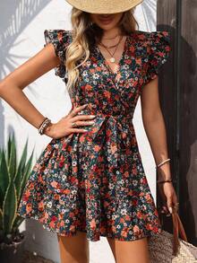 SHEIN LUNE Elegant Women's Multicolor Floral Print Mini A Line Dress With V Neck Flounce Cap Sleeves Ruffle Hem - Multicolor - View 5