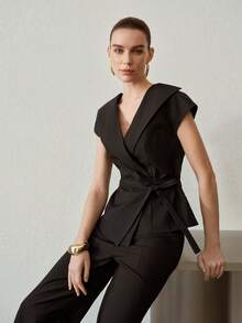 MOTF PREMIUM 裹身式腰带修身西装外套 - 黑色 - 查看 6