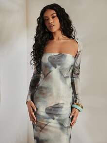 Opulessa Đầm dài tay ôm dáng, chất liệu lưới dệt kim in họa tiết, cổ áo có thể biến đổi, dành cho nữ, thích hợp cho mùa xuân/hè. - Màu Xám nhạt - Xem 3