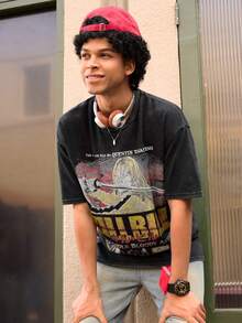 Open Phase 男士休闲做旧雪花印花复古T恤，春夏款，美式复古风，男女皆宜，宽松版型夏季服装——适合日常穿着和夏季度假穿着。 - 黑色 - 查看 1