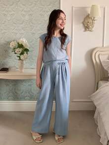 DAZY Conjunto de blusa de cuello redondo y pantalones de pierna ancha para niñas preadolescentes - Azul - Ver 3