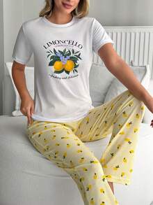 SHEIN Cotton 2pcs Women Limon Print Short And Limoncello Print Top Homewear Pajama Set - Yellow - View 3