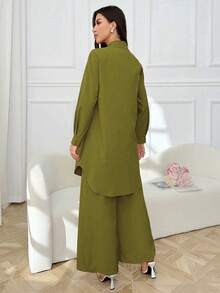 Mulvari 2件套女士3D立体花卉装饰衬衫和裤子套装 - 綠色 - 查看 2