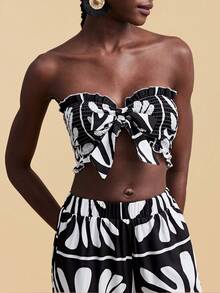 Travachic Bộ đồ thể thao nữ mùa hè thường ngày, phối màu tương phản, gồm áo croptop ống buộc dây và quần dài. - Nhiều màu - Xem 1