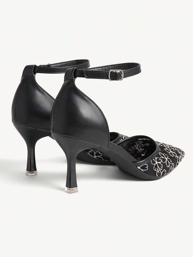 CUCCOO CHICEST Spring And Autumn Black Mesh Embroidery Pointed Tip Thin Heel Sexy Elegant Hollow Women's High Heel Shoes Wedding Shoes Spring Shoes Bride Shoes