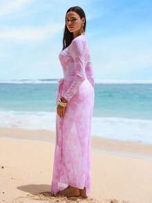 Swim Shayni Women's 3-Piece Set: Pink Floral Print Long Sleeve Half-Zip Jumpsuit, Pale Pink Pants, And Mesh Maxi Skirt Burkini - Multicolor - View 2