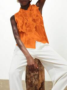 Aveloria Modichic Áo không tay kiểu Pháp thanh lịch, lãng mạn, đa năng dành cho nữ, màu trắng, chất liệu voan mỏng, có họa tiết nhăn, cổ áo xếp tầng nhiều lớp. - trái cam - Xem 5