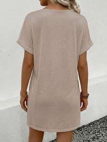 EMERY ROSE Heart Print Short Sleeve Casual Summer Dress - Khaki - View 2