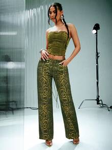 Denimoi 蛇纹直筒牛仔裤 时尚辣妹穿搭 GNO演唱会穿搭 - 綠色 - 查看 1