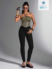 Jeanoix Quần jeans nữ dáng ôm, màu trơn, túi xéo, co giãn, kiểu dáng thường ngày, đa năng. - màu đen - Xem 6