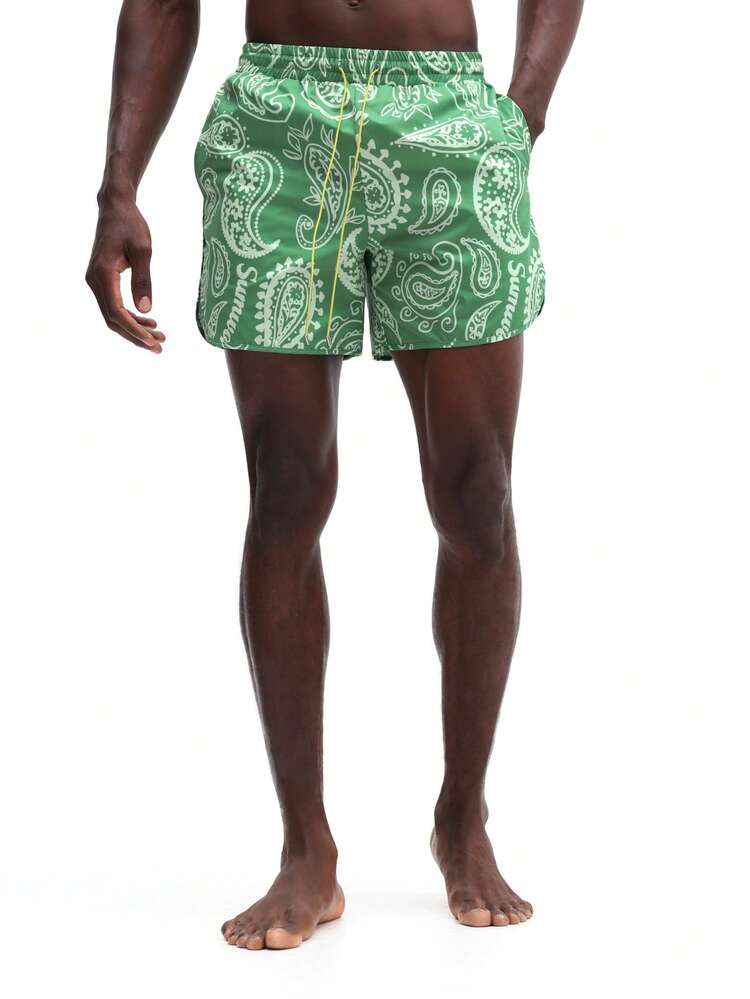 Herren grüne Paisley-Muster Badeshorts mit elastischem Kordelzug, Seitentaschen, Sommerbadehose mit geschwungener Kante, Boardshorts für tropischen Urlaub