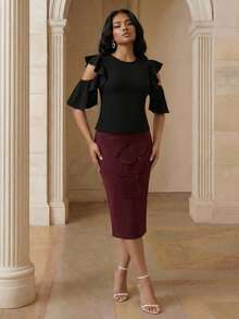 Savoree Regata feminina elegante com detalhes em babados, modelo ombro a ombro com babados, um dos mais vendidos. - Preto - Ver 6