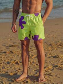 Manfinity EZcore Plus Size Men's Floral Print Draw-String Waist Beach Shorts Graphic Pool Shorts For Vacation,Hawaiian - Green - View 1