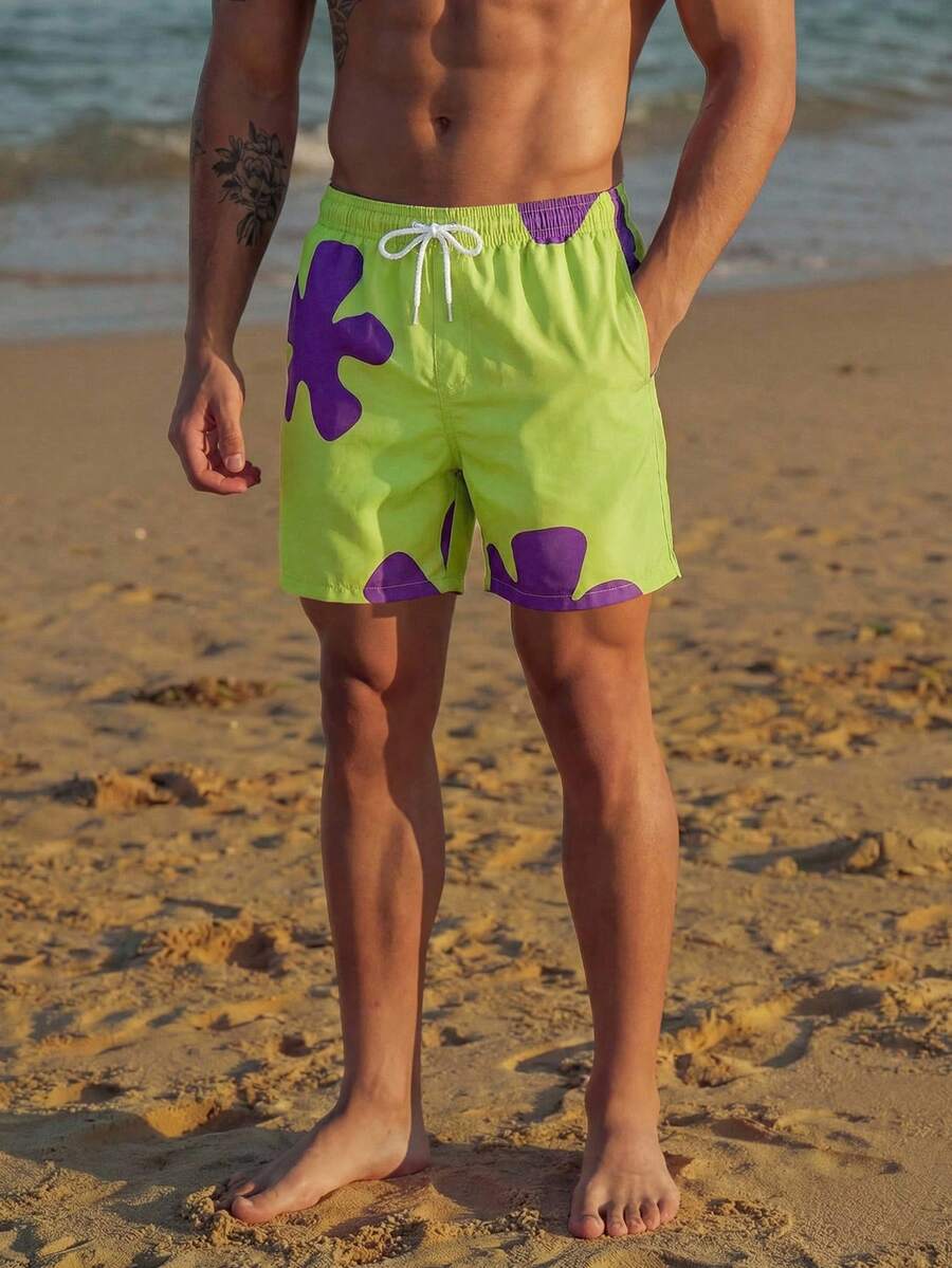 Manfinity EZcore Plus Size Men's Floral Print Draw-String Waist Beach Shorts Graphic Pool Shorts For Vacation,Hawaiian - Green - View 1