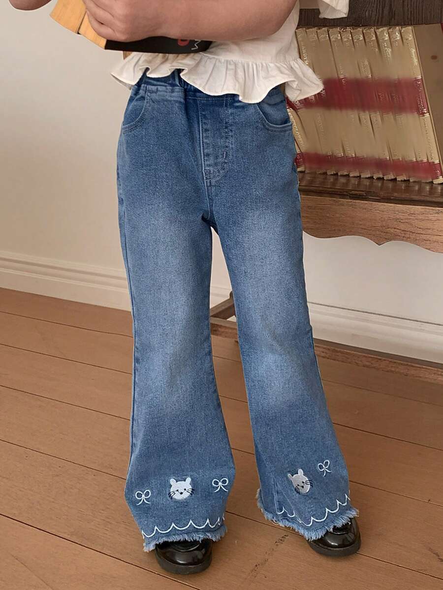 DAZY 秋季女童刺绣喇叭牛仔裤 - 藍色 - 查看 1
