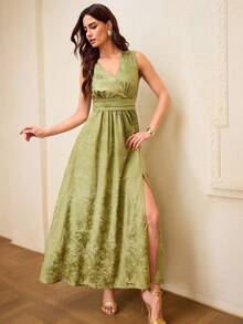 ZEYLAH Women's Floral Print Side Slit Hem Dress, Vacation Style - Green - View 7