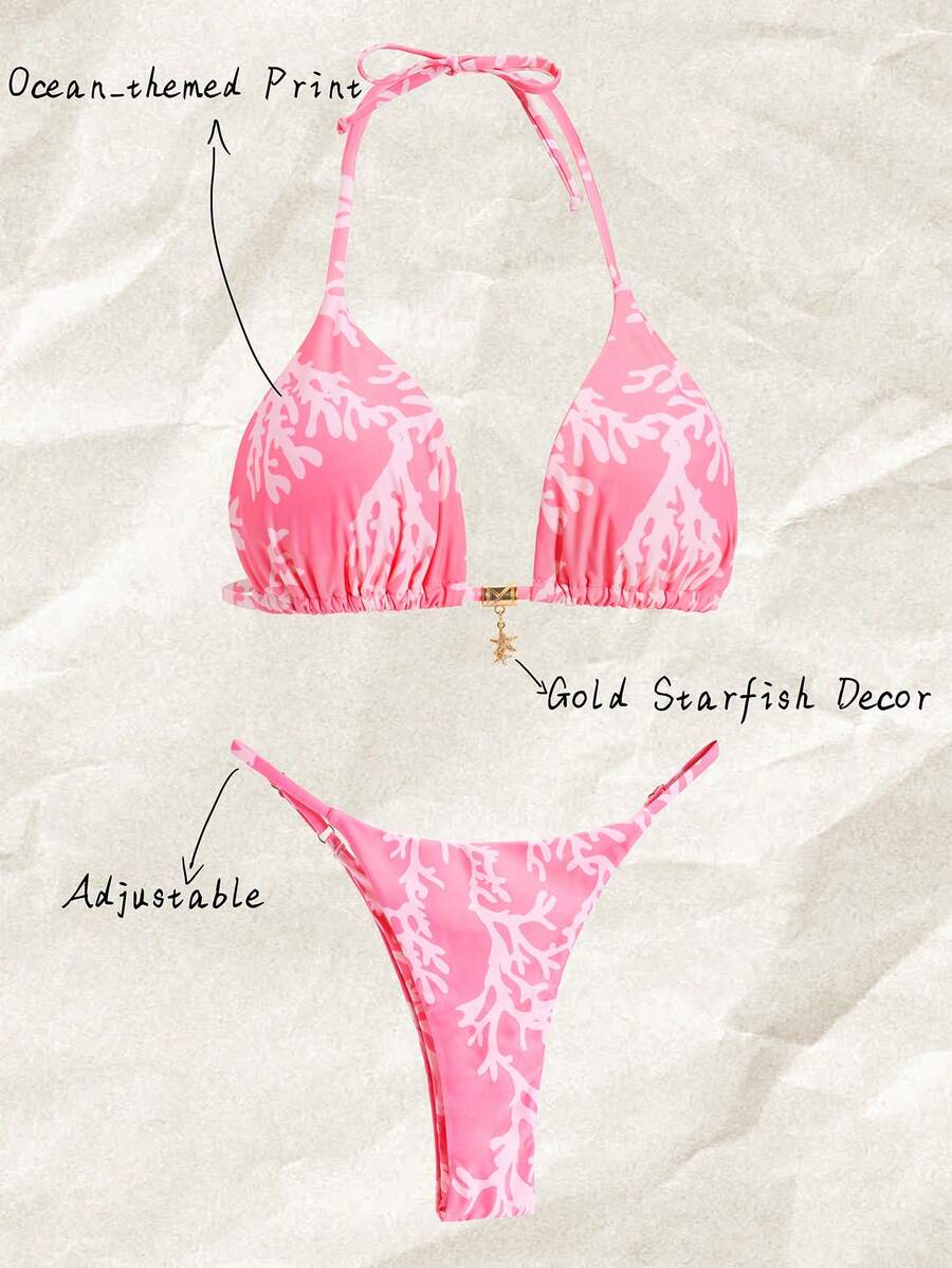 Swim Mod Springbreak 女士随机印花露背金属装饰性感比基尼泳装套装,夏季沙滩装 - 彩色 - 查看 1
