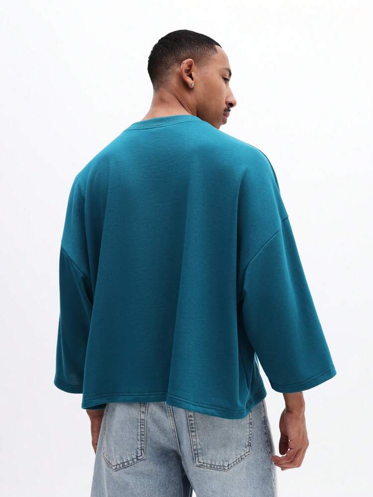 남성용 청록색 크루넥 반팔 티셔츠, 오버사이즈 릴렉스 핏 및 옆트임 디테일로 캐주얼한 일상복