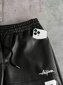 AXEPEAK Men's Casual Numeric Print Drawstring Waist Shorts, Summer - Black - View 4