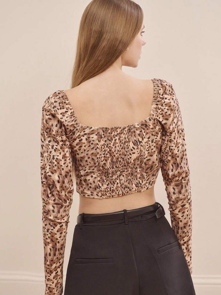 Leopard Ruched Front Crop Cotton Top With Puff Sleeves Chic Fitted Top Cheetah Top Party Top Spring Summer Going Out