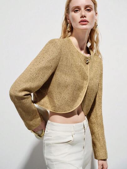 Aveloria Modichic Metallic Yarn Beaded Textured Fabric Round Neck Jacket With Asymmetric Hem, Elegant Party & Work Wear Long Sleeve Blazer For Women