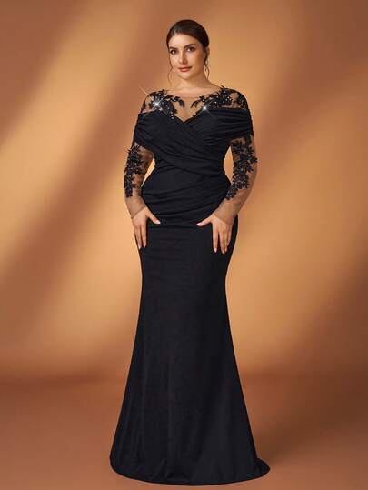 Serin Plus Size Elegant Luxurious Black Applique Pleated Ruffle Sleeve Fitted Mermaid Hem Dress, Suitable For Evening Party, Gala, Wedding, Bridal Mother Dress