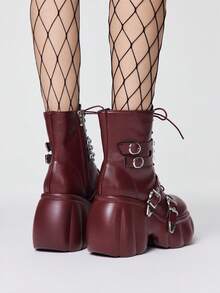 ROMWE Grunge Punk Women Heeled Sandals~ 2026 New Fashion Autumn And Winter Punk Style Burgundy PU Round Toe Wedge Heel Thick Bottom Rivet Metal Buckle Front Zipper Small High Heel Riding Boots Hot Girls Ankle Boots Y2K 2000s Style - Burgundy - View 5