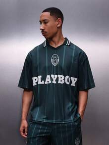 PLAYBOY X SUMWON Men's Green F.C. Football Jersey Style Short Sleeve Polo Shirt With Vertical Stripes And Large Bunny Logo - Green - View 2