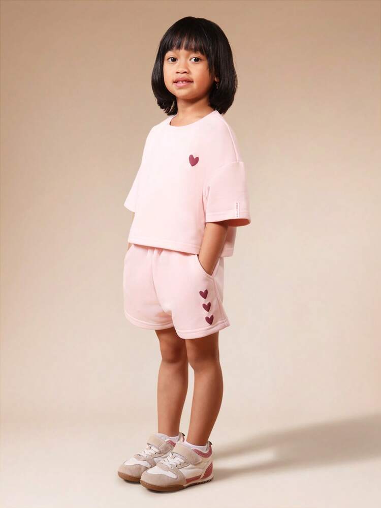 Dziewczęcy różowy T-shirt z nadrukiem Self Love Hearts i szorty, zestaw na lato z grafiką z przodu i z tyłu