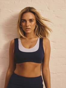 Aralina Leisurewear Active Women's Double Layer Contrast Colour Scooped Neck Detail Cropped Gym Workout Top - Blue - View 6