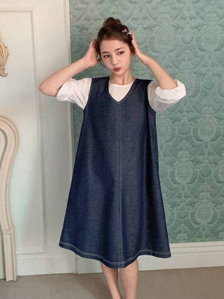 Tween Girls V-Neck Sleeveless Denim Dress, Fall