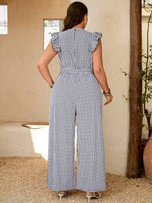 SHEIN LUNE Plus Size Women V-Neck Flutter Sleeve Tie Waist Plaid Print Jumpsuit With Pockets, Elegant For Outdoor & Commute - Black and White - View 2