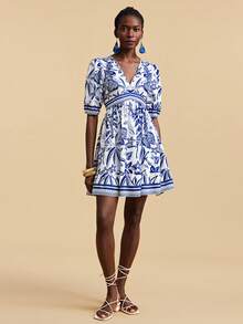 Travachic Đầm ngắn tay cánh hoa in họa tiết nhiệt đới thoải mái dành cho nữ, thích hợp cho kỳ nghỉ. - Nhiều màu - Xem 3