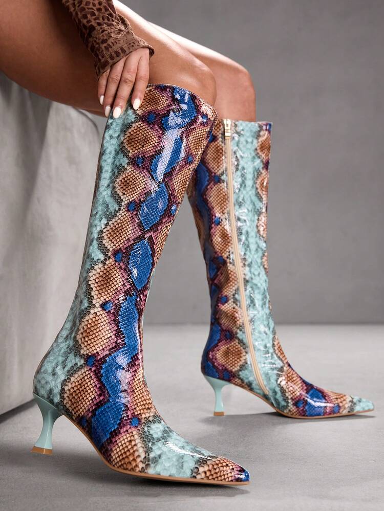 CUCCOO SZL Women's Fashion Pointed Toe Snakeskin Pattern Minimalist Elegant Versatile Side Zipper Stiletto Knee-High Boots For Christmas
