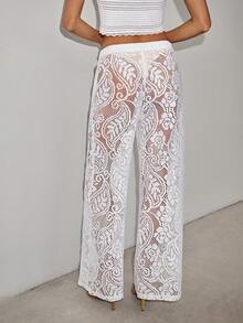 SHEIN ICON Women's Sexy Vacation Style Paisley Lace Semi-Sheer Flare Pants - White - View 2