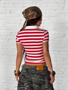 StreetHx Women's Summer Polo Shirt, Red And White Striped Collared T-Shirt - Multicolor - View 3