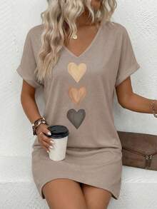 EMERY ROSE Heart Print Short Sleeve Casual Summer Dress - Khaki - View 5