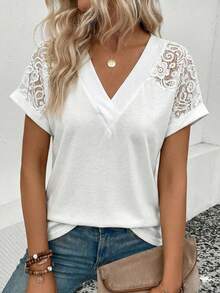 SHEIN Women's Contrast Lace V-Neck Short Sleeve Casual T-Shirt - White - View 6