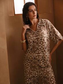 Swim Chiccia 女士优雅新款镂空沙滩罩衫，常规短袖钩针沙滩度假罩衫，夏季 - 棕色 - 查看 1