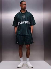 PLAYBOY X SUMWON Men's Green F.C. Football Jersey Style Short Sleeve Polo Shirt With Vertical Stripes And Large Bunny Logo - Green - View 6