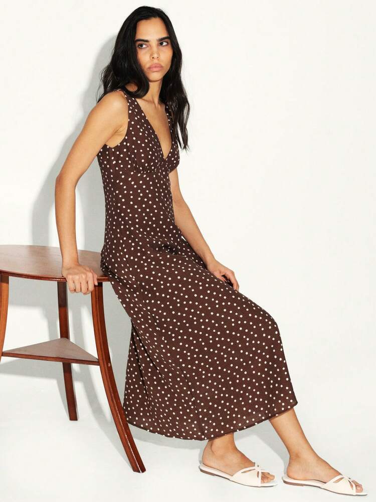KSTM V-Neck Sleeveless Polka Dot Midi Dress Summer Casual Brown White Spotted Pattern Tank Style Long Dress
