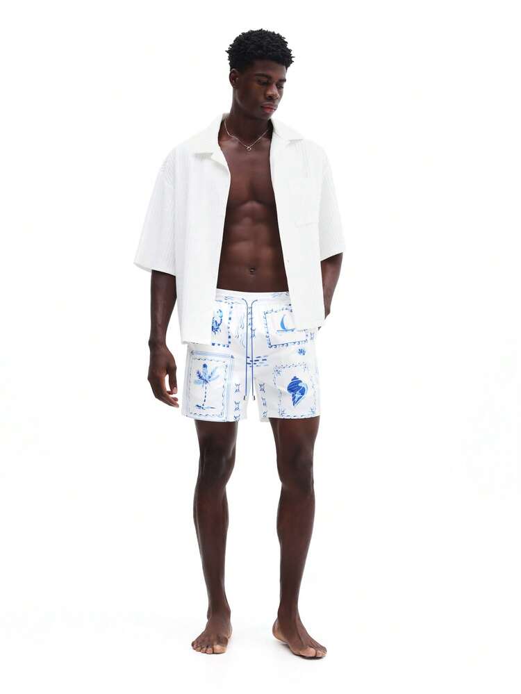 Men Beach Short Length Swim Trunks With Nautical Themed Blue Print Pattern Summer Vacation Pool Water Sports Swimwear