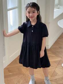 DAZY Young Girls Collared Short Sleeve Dress, Fall Outfit Summer - Navy Blue - View 4