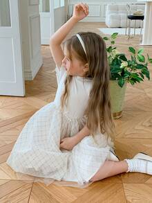 Dazy Kids 女童圆领短袖格子网纱下摆可爱连衣裙 - 米色 - 查看 7